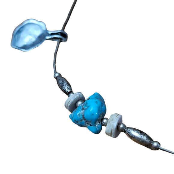 1970s Sterling Silver Liquid Shell Beads Turquoise Boho Bohemian Necklace - Picture 2 of 4